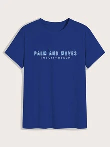 Manfinity 男士波浪和字母圖案T恤 - 藍色 - 查看 5