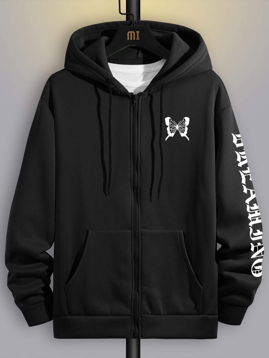 Manfinity Roghcode Men Letter Graphic Zip Up Drawstring Thermal Lined Hoodie Without Tee