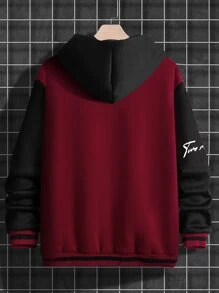 Manfinity Hypemode 寬鬆男士字母印花運動夾克,帶有條紋細節和落肩設計,無帽款式 - 酒紅色 - 查看 2