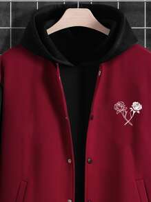 Manfinity Hypemode 寬鬆男士字母印花運動夾克,帶有條紋細節和落肩設計,無帽款式 - 酒紅色 - 查看 5