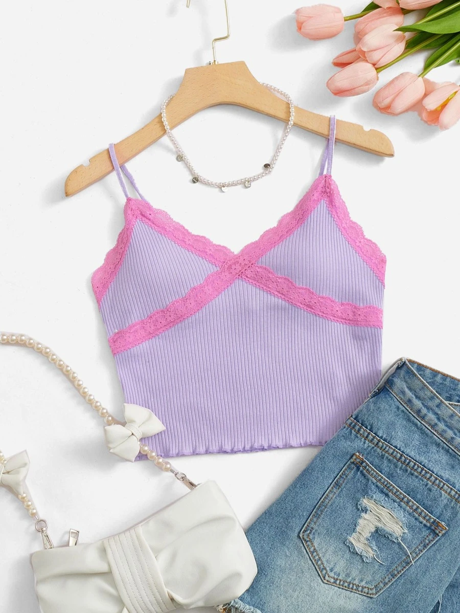 SHEIN MOD Lace Trim Cami Top - Lilac Purple - View 1