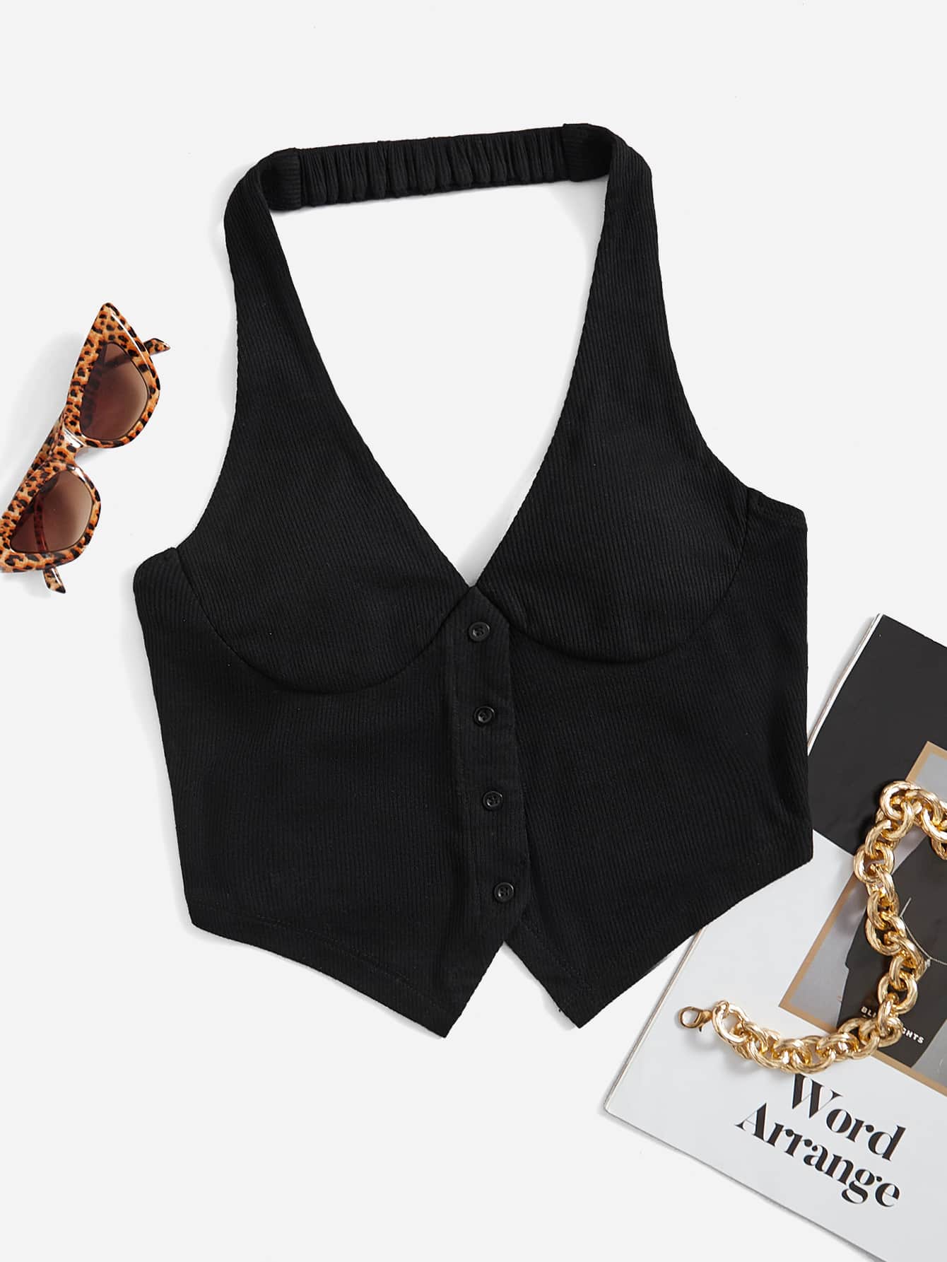 SHEIN EZwear Solid Button Front Halter Top