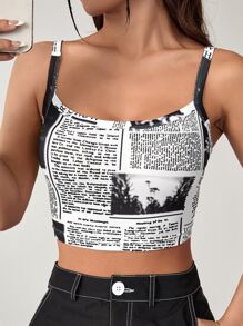 SHEIN EZwear Newspaper Print Crop Cami Top - Black and White - View 1