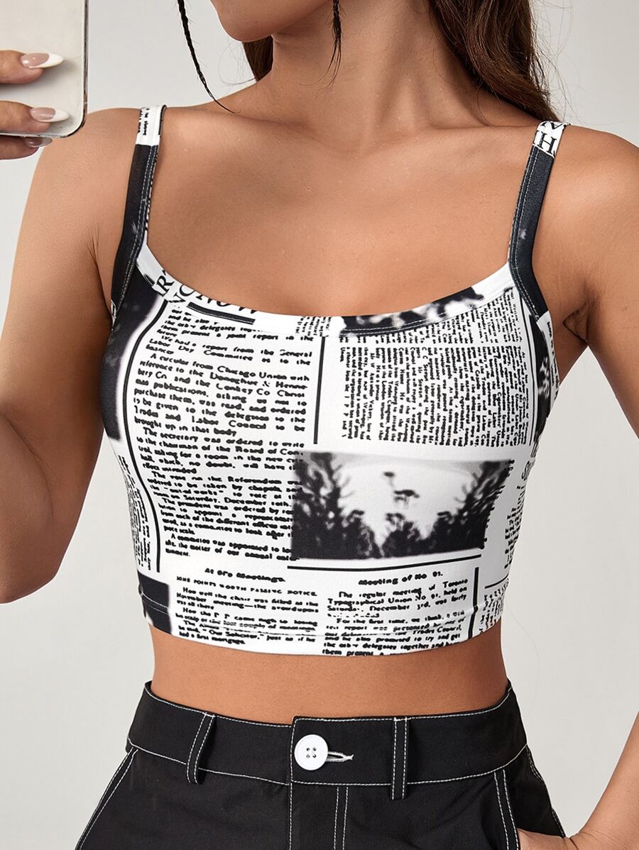 SHEIN EZwear Newspaper Print Crop Cami Top - Black and White - View 1