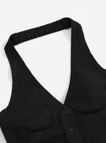SHEIN EZwear Solid Button Front Halter Top - Black - View 3
