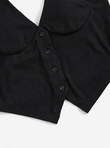 SHEIN EZwear Solid Button Front Halter Top - Black - View 4