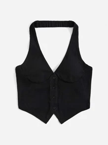 SHEIN EZwear Solid Button Front Halter Top - Black - View 6