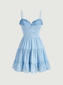 SHEIN MOD 褶邊前繫帶荷葉邊吊帶洋裝 - 淺藍色 - 查看 2