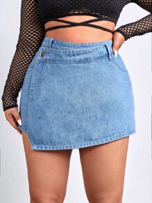 SHEIN Essnce Plus Asymmetrical Denim Skort - Light Wash - View 1