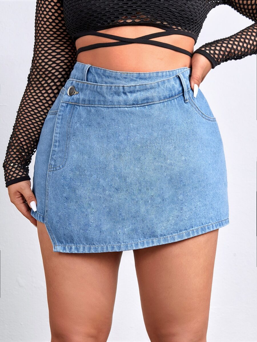 SHEIN Essnce Plus Asymmetrical Denim Skort - Light Wash - View 1