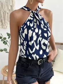 SHEIN VCAY 滿版印花繞頸襯衫