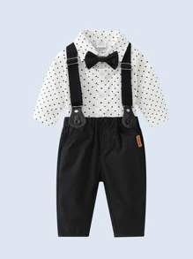 Đứa bé trai In vết tròn Polka Nơ mặt trước Áo liền quần chặt & Tạp dề Quần - Đen và trắng - Xem 2