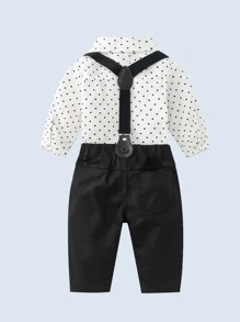 Đứa bé trai In vết tròn Polka Nơ mặt trước Áo liền quần chặt & Tạp dề Quần - Đen và trắng - Xem 1
