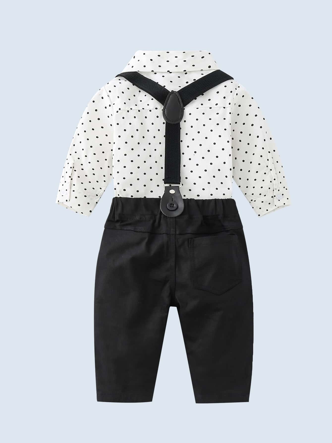Đứa bé trai In vết tròn Polka Nơ mặt trước Áo liền quần chặt & Tạp dề Quần - Đen và trắng - Xem 1