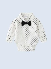 Đứa bé trai In vết tròn Polka Nơ mặt trước Áo liền quần chặt & Tạp dề Quần - Đen và trắng - Xem 3