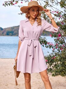 SHEIN VCAY Solid Roll Up Sleeve Belted Dress - Pink - View 6