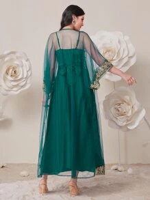 Al Najma Floral Embroidery Cami Dress & Coat - Dark Green - View 2