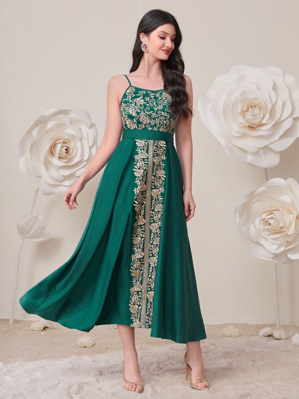 SHEIN Najma Floral Embroidery Cami Dress & Coat SHEIN USA