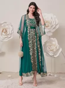 Al Najma Floral Embroidery Cami Dress & Coat - Dark Green - View 4