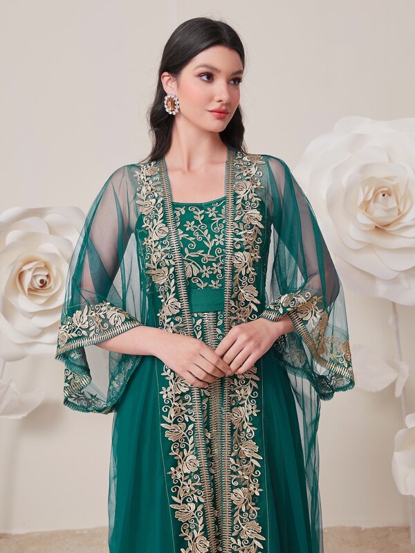 SHEIN Najma Floral Embroidery Cami Dress & Coat SHEIN USA