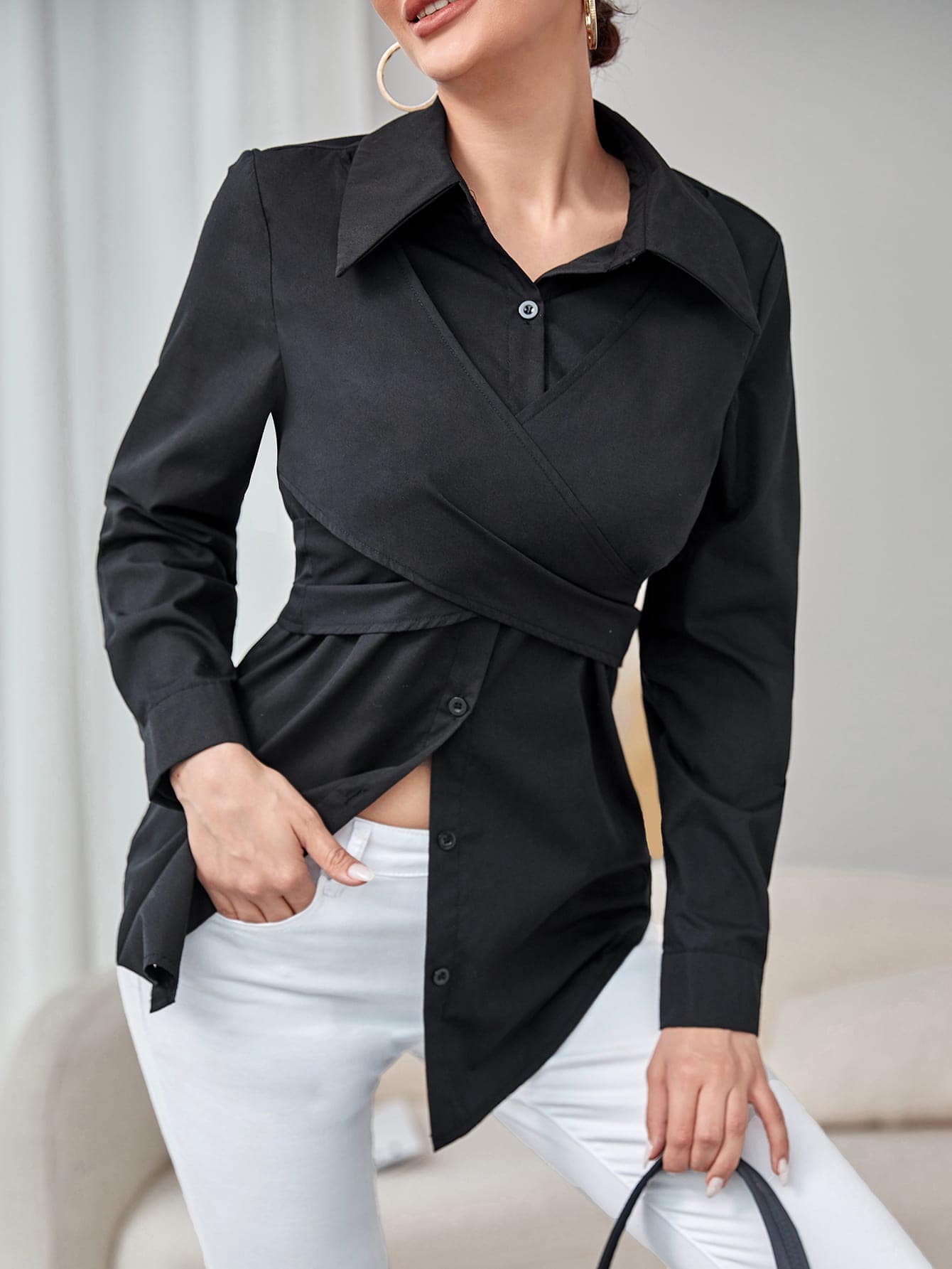 Clasi Solid Wrap Cross Tie Back Shirt