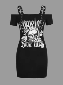 ROMWE PUNK Letter & Skull Print Buckle Detail Bodycon Dress - Black - View 1