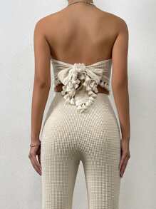 SHEIN Privé 素色抹胸上衣和褲子套裝 - 杏色 - 查看 3