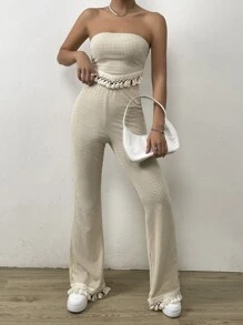 SHEIN Privé 素色抹胸上衣和褲子套裝 - 杏色 - 查看 4