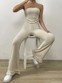 SHEIN Privé 素色抹胸上衣和褲子套裝 - 杏色 - 查看 5