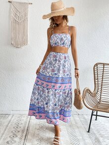 SHEIN VCAY Floral Print Cami Top & Ruffle Hem Skirt - Multicolor - View 3