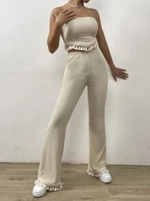 SHEIN Privé 素色抹胸上衣和褲子套裝 - 杏色 - 查看 6