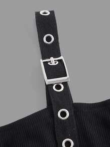 ROMWE PUNK Letter & Skull Print Buckle Detail Bodycon Dress - Black - View 4