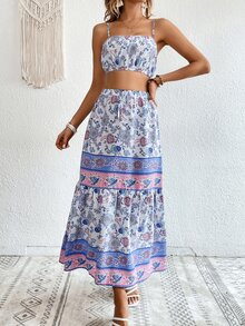 SHEIN VCAY Floral Print Cami Top & Ruffle Hem Skirt - Multicolor - View 5