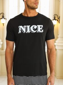 Hombres Conjunto de pijama con estampado de letra - Blanco y Negro - Ver 4