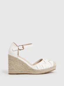 Styleloop 編織紋理質感編織踝帶坡跟鞋 - 白色 - 查看 5