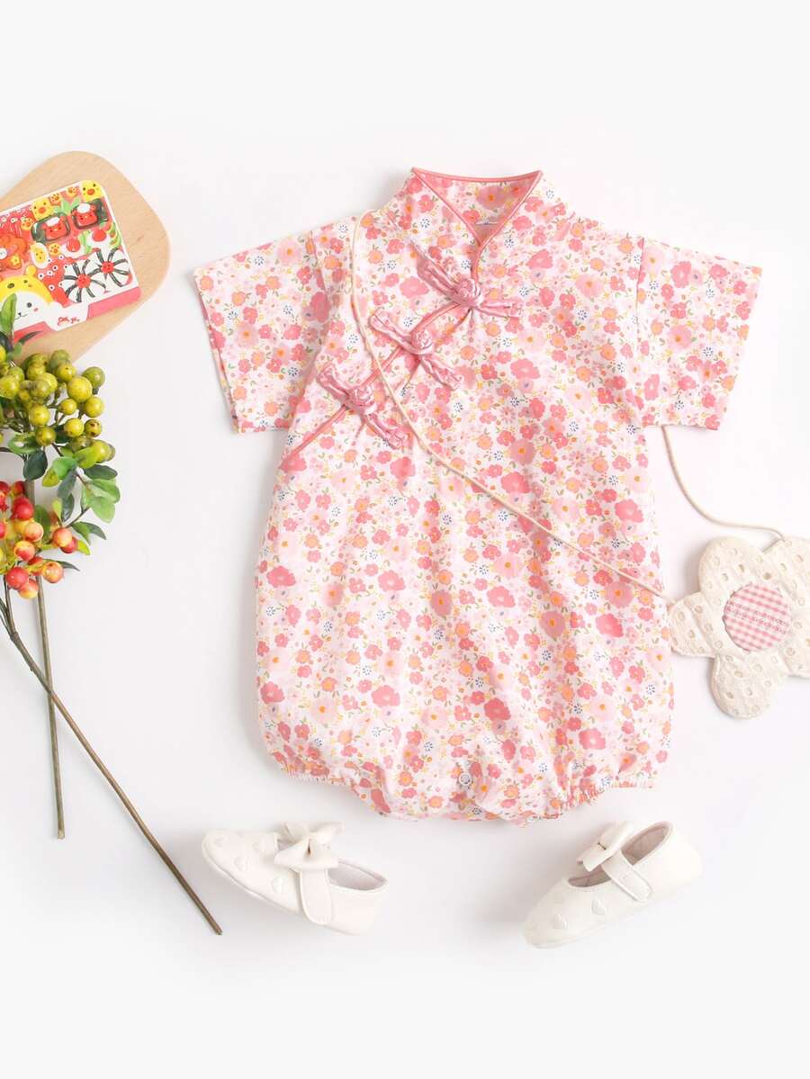 可爱复古碎花短袖三角连体衣，适合女婴，夏季派对、度假穿着