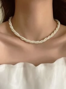 1 Pc Pearl Twist Necklace, Casual Collarcbone Chain Jewelry Accessory Gift For Women, Suitable For Party, Evening Gown, Holiday