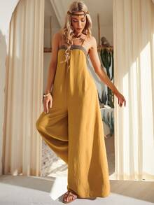 S BETRO Contrast Tape Wide Leg Cami Jumpsuit - Yellow - View 3