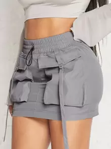 Denimoi Flap Pocket Drawstring Cargo Skirt For Summer - Grey - View 4
