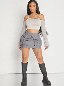 Denimoi Flap Pocket Drawstring Cargo Skirt For Summer - Grey - View 5