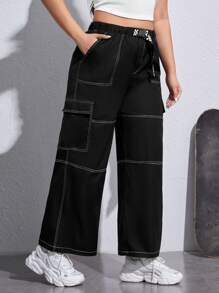 SHEIN EZwear Plus Top-stitching Flap Pocket Side Cargo Pants - Black - View 1
