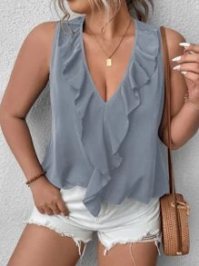 SHEIN Holidaya Áo sơ mi Plus Size Bất đối xứng Xù màu trơn Giải trí - Màu xanh bụi bặm - Xem 3