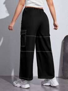 SHEIN EZwear Plus Top-stitching Flap Pocket Side Cargo Pants - Black - View 2