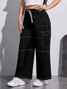SHEIN EZwear Plus Top-stitching Flap Pocket Side Cargo Pants - Black - View 3