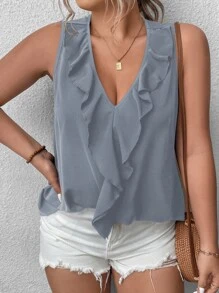 SHEIN Holidaya Áo sơ mi Plus Size Bất đối xứng Xù màu trơn Giải trí - Màu xanh bụi bặm - Xem 4