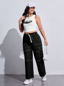 SHEIN EZwear Plus Top-stitching Flap Pocket Side Cargo Pants - Black - View 4