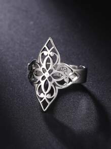 1pc Exquisite Stainless Steel Hollow Out Leaf Single Ring For Women For Daily Decoration - Silver - View 1