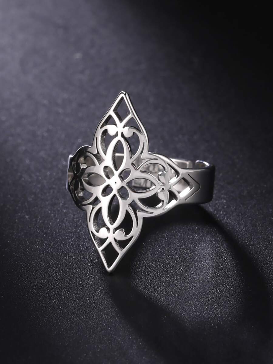 1pc Exquisite Stainless Steel Hollow Out Leaf Single Ring For Women For Daily Decoration - Silver - View 1