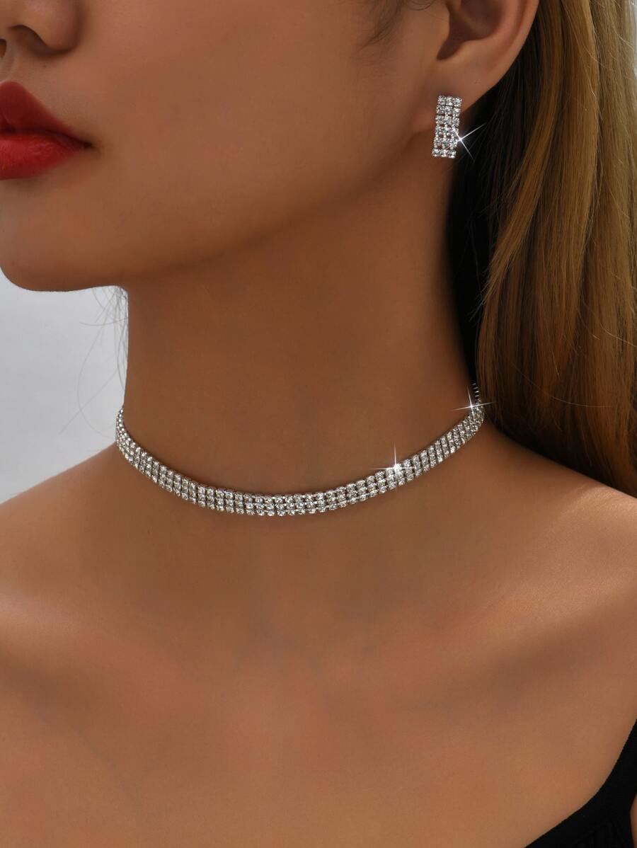 3 piezas/set Set joya con diseño de diamante de imitación - Plateado - Ver 1