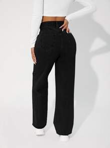 SHEIN PETITE Quần jean nữ Nút Cắt ra Dây kéo màu trơn - màu đen - Xem 2